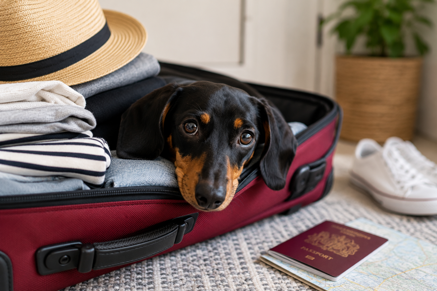 Black and tan dachshdund laying in an opened packed suitcase with a passport and pair of trainer nearby